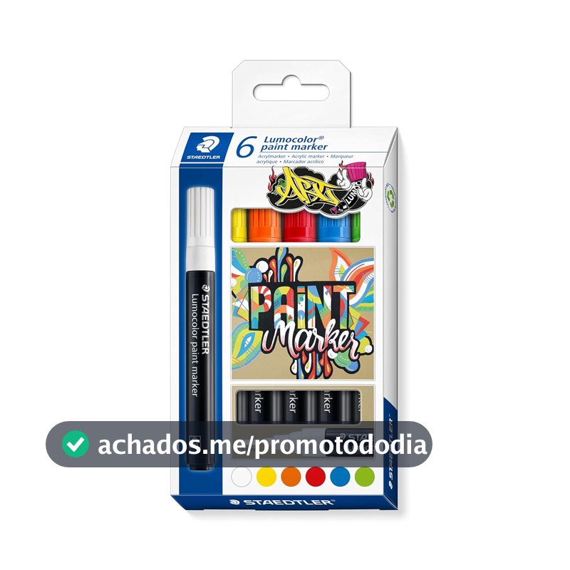 STAEDTLER Marcador Acrílico Lumocolor 6 Unidades 6 Cores Sortidas - 349 C6 - Tinta Permanente à Base de Água, Para Superfícies Escuras, Secagem Rápida, Ponta Arredondada 2,4mm