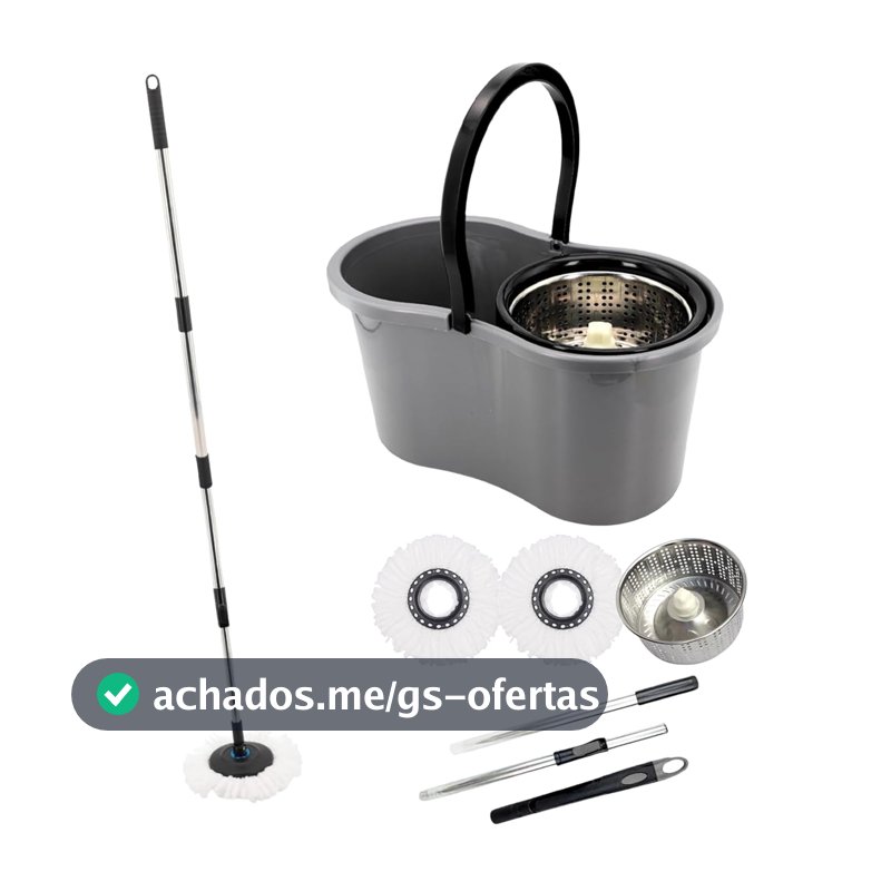 Mop com Balde Giratório Cesto em Inox, 9 Litros com 2 Refis de Microfibra