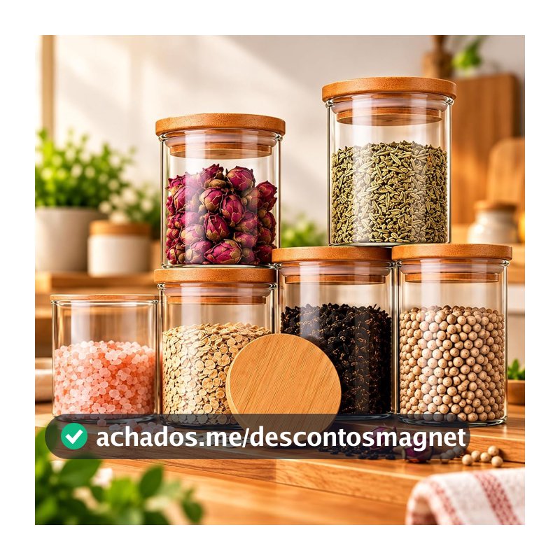 Kit 6 Potes Herméticos de Vidro 200ml com Tampa de Bambu Premium Redondo Porta Mantimentos Temperos Grãos Café Condimentos Organizador de Cozinha Vedação Hermética 6 Unidades Empilhável Moderno Luxo