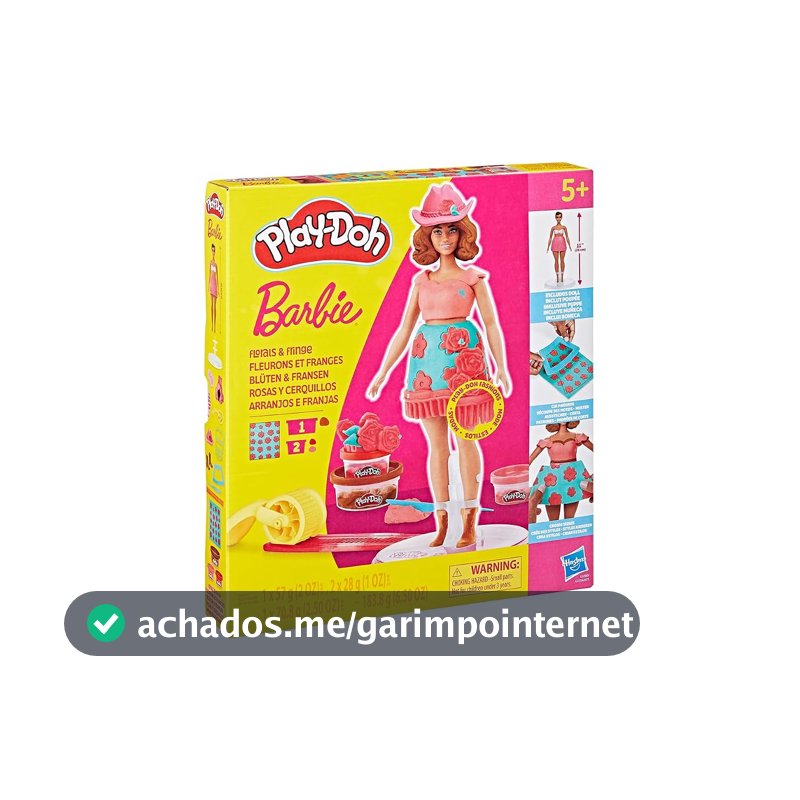 Play-Doh, Massinha de Modelar Infantil, Barbie Florals and Fringe - Conjunto de Brinquedo com Acessórios, Boneca e 3 Potes - A partir de 5 Anos