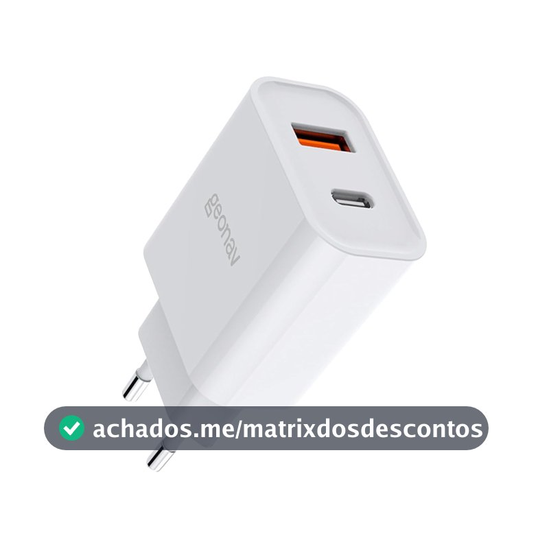 Geonav Carregador Universal Ultra Rápido Duo, 1 X USB-C Power Delivery 20W, 1 X USB Quick Charge 18W, CH20PDQC, Branco
