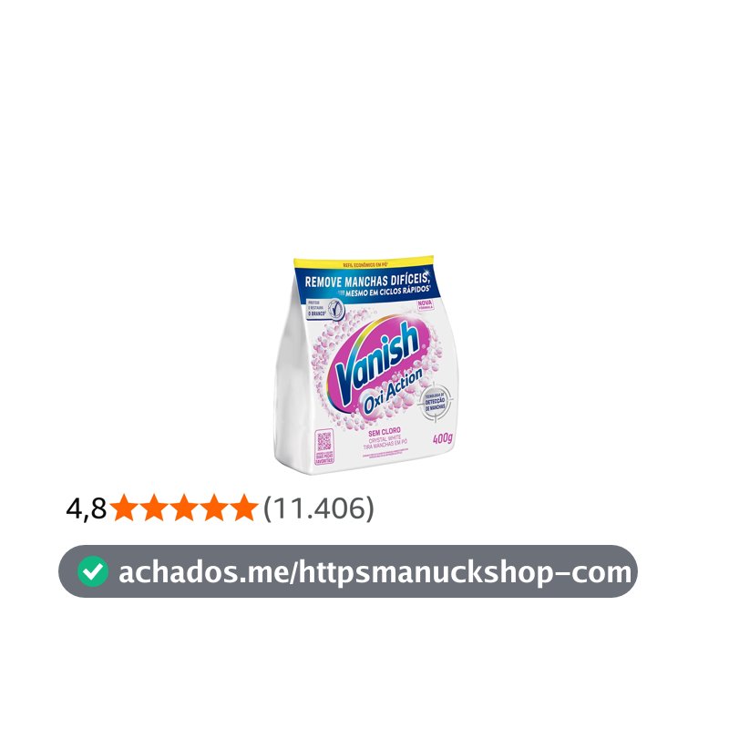 Tira Manchas em Pó Vanish Oxi Action Crystal White Refil 400g para Roupas Brancas, Sem Cloro, com Percarbonato, Remove Manchas Difíceis e Deixa o Branco Até 5 Tons Mais Branco
