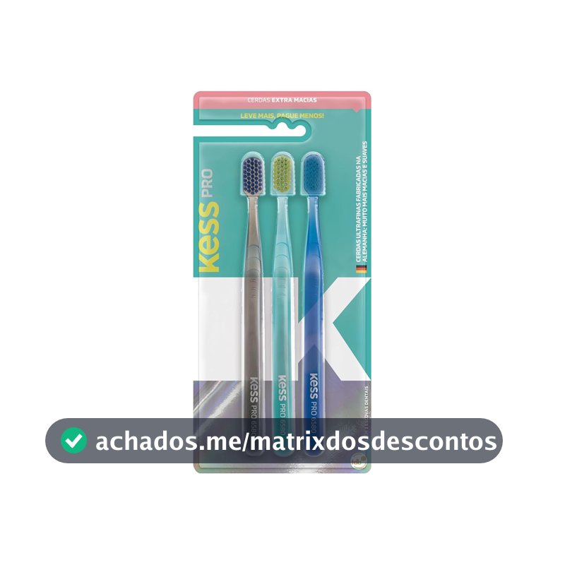 Kess, Pack com 3 Escovas Dentais Pro Extra Macias, Cores Sortidas