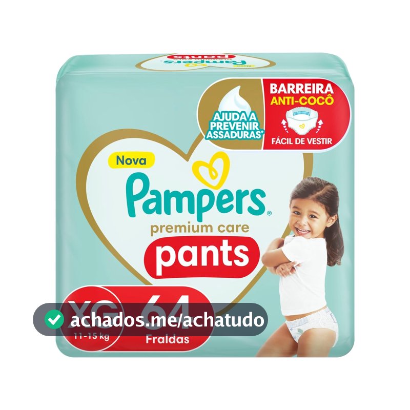 Fralda Pampers Premium Care Pants Tamanho XG, Fácil de Vestir, 64 Unidades