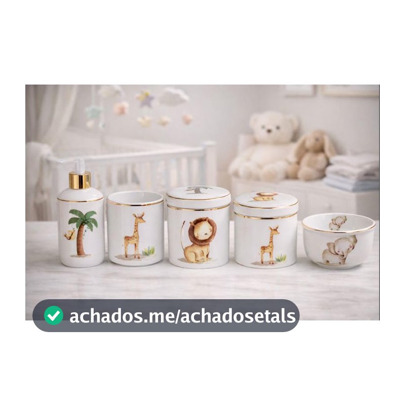 Safari Kit Higiene 5 Peças Porcelana Filete Ouro Decoracao Quarto Bebe