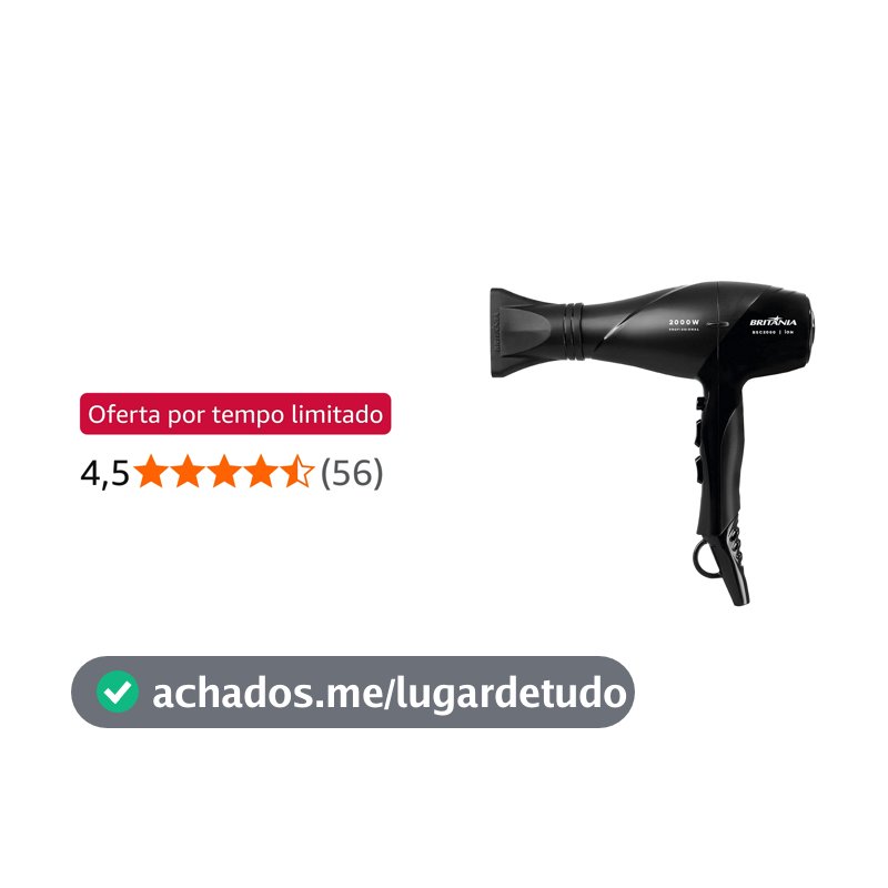 Britânia Secador de Cabelos Preto 2000W BSC2000 220V Bocal Concentrador Metal