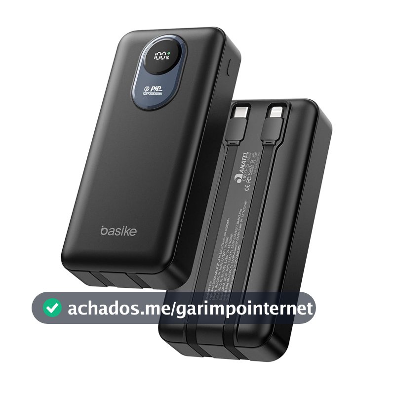 Basike Power Bank 20000mAh, Carregador Portátil, 2 Cabos Integrados (Preto)
