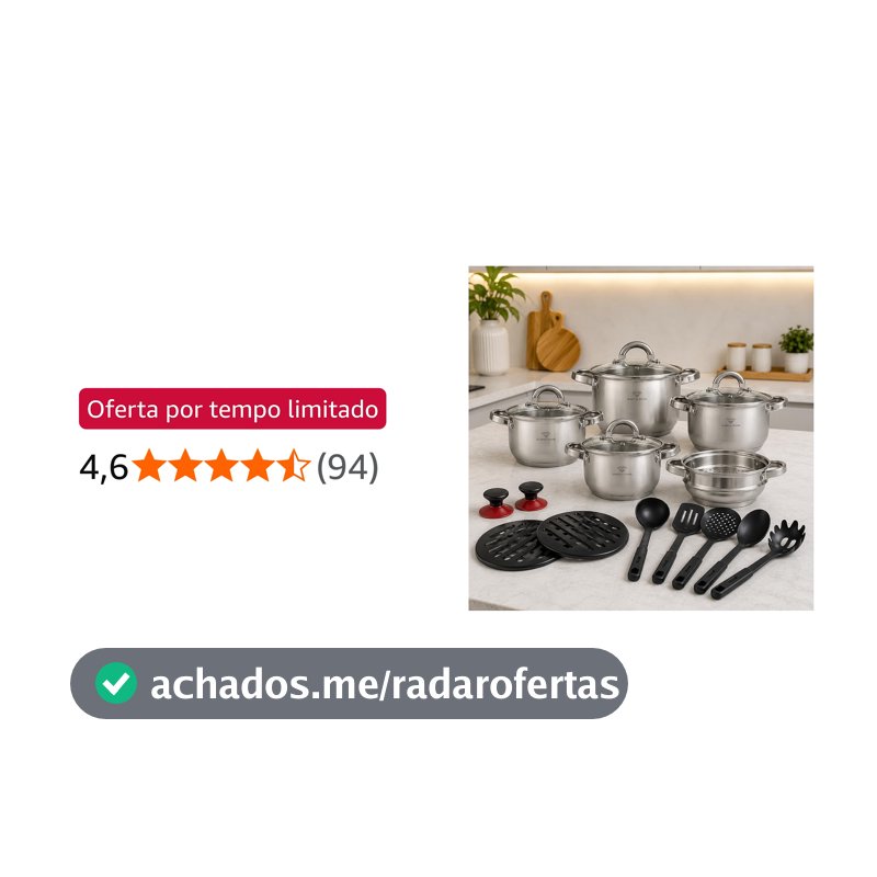 Jogo de Panelas 19 Peças Aço Cirurgico Inox Tampa de Vidro Para Fogão Gás e Indução Premium