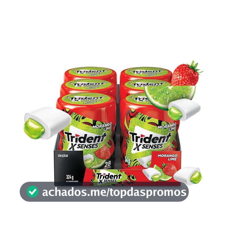 Chiclete Trident XSenses Morango Lime Sem Açúcar Garrafa - Caixa com 6 unid. de 54g