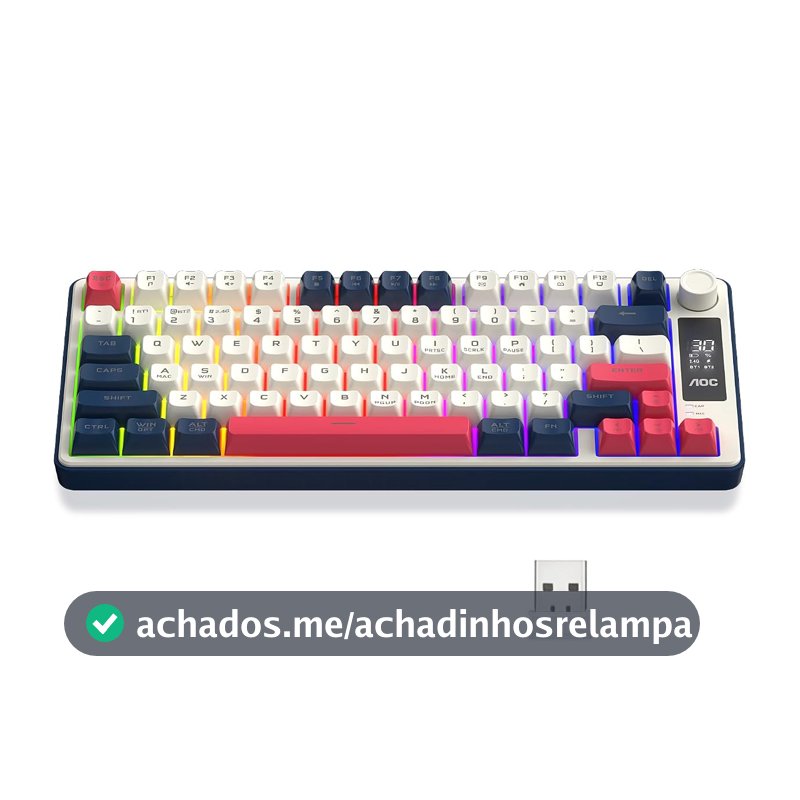 AOC GK280 Teclado sem fio 70%, Bluetooth Trimodo /2.4 GHz/USB-C, Teclado Gamer RGB LED Rainbow, Ideal para Jogos e Digitação, Ergonômico, Bateria Recarregável