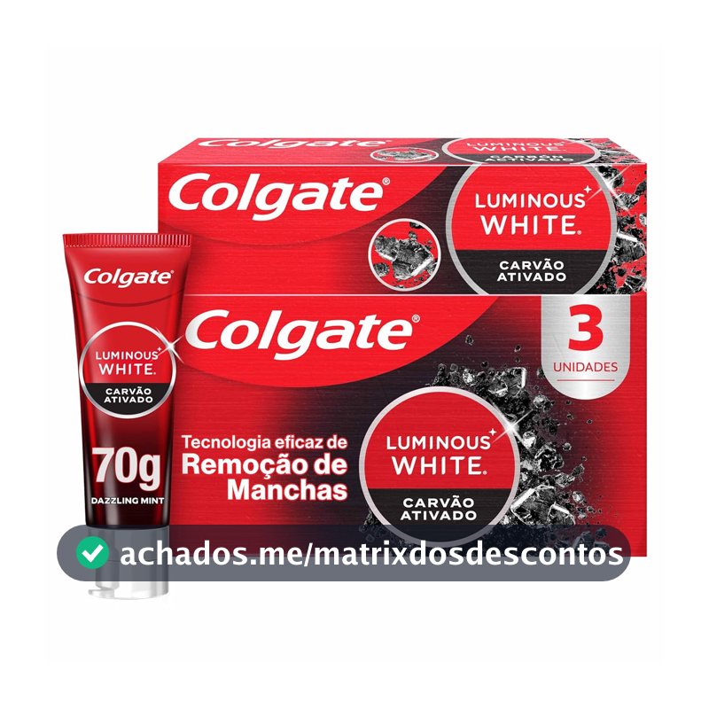 Colgate Luminous White Carvão Ativado Creme Dental Clareador, 3x70g