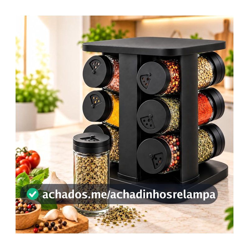 Porta Temperos Giratório com 12 Potes de Vidro 85ml com Tampa Inox Premium – Organizador de Condimentos Preto para Cozinha, Suporte Giratório Resistente para Armazenamento de Temperos e Especiarias
