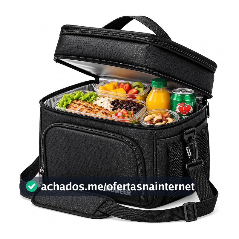 INSMEER Bolsa Térmica Marmita Para Homens, 2 Compartimentos Lancheira Termica Para Adulto Masculina Bolsa Termica De Separado Para Alimentos Quentes E Frios (2 Compartimentos, Preto)