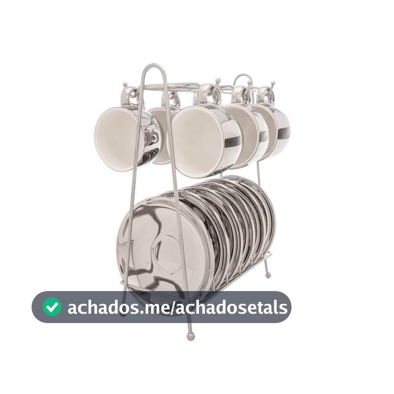 WOLFF - Conjunto 6 Xícaras de Café com Pires de Porcelana e Suporte Versa Prata/Branco 90ml