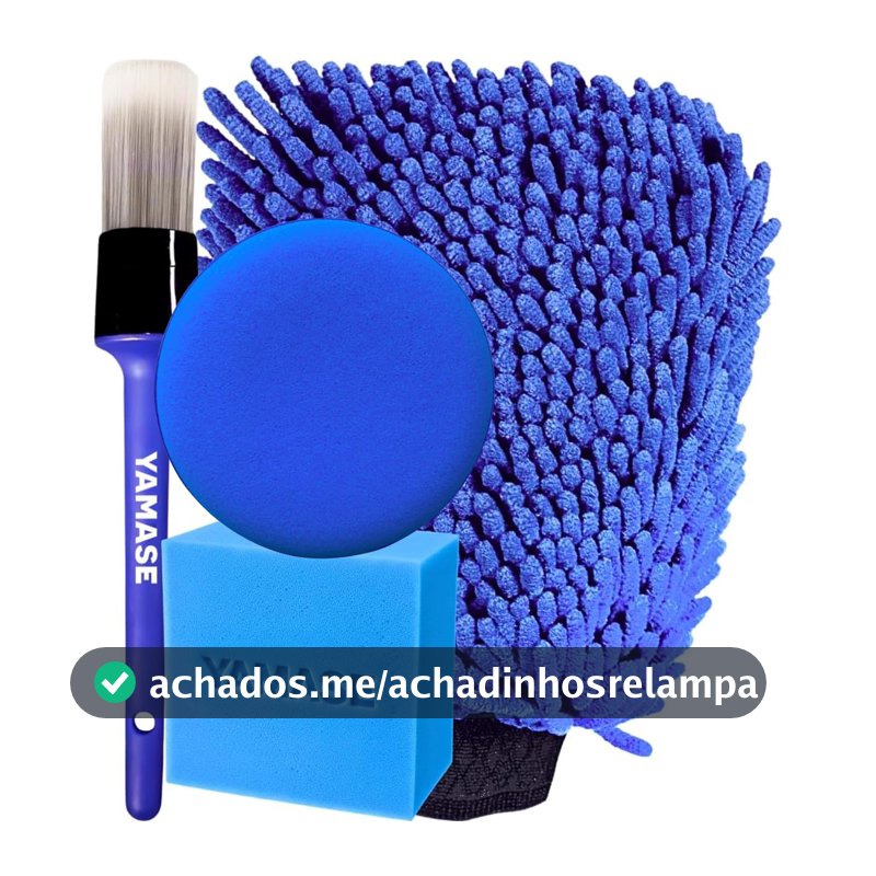 Pincel Interno Yamase + Luva de Microfibra para Lavar Carro + Aplicador de Espuma Passar Cera
