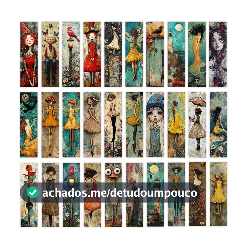 Kit 5 Marcadores de Página Vintage Arte Ilustrada - Papel Rígido Alta Gramatura- 15x4cm - Ideal para Livros e Presentes