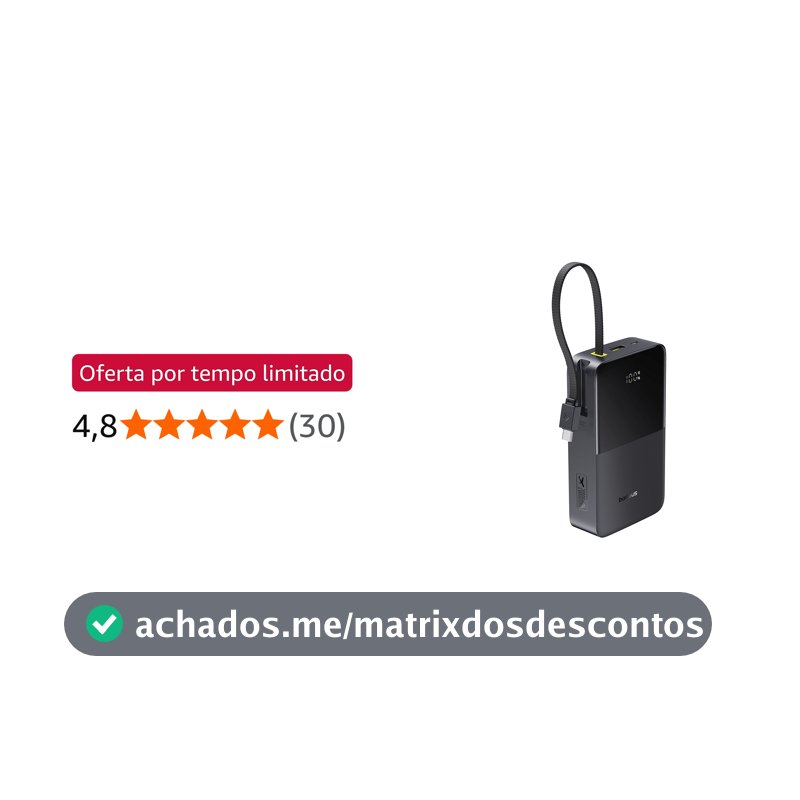 Baseus Power Bank EnerFill FC51 Bipow2 Pro com Display Digital e Cabo Embutido 20000mAh 22.5W, Preto Cósmico