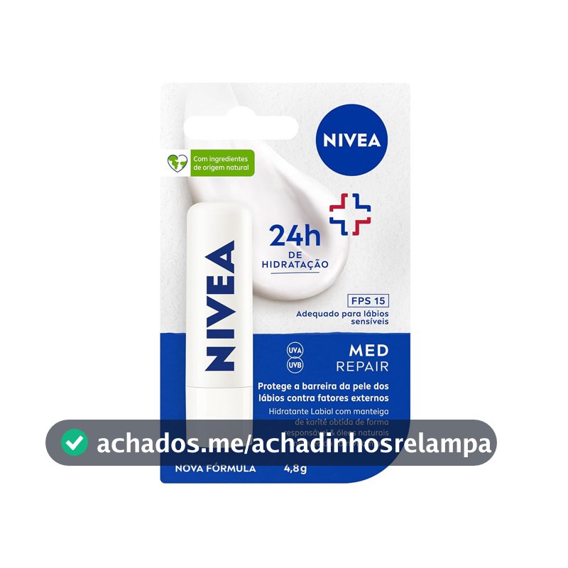 NIVEA Protetor Labial Med Repair FPS15 4,8g, Hidratação Intensa 24h, Alívio Imediato, Protege a Barreira da Pele, Cuidado Diário, Manteiga de Karité, Lábios Sensíveis