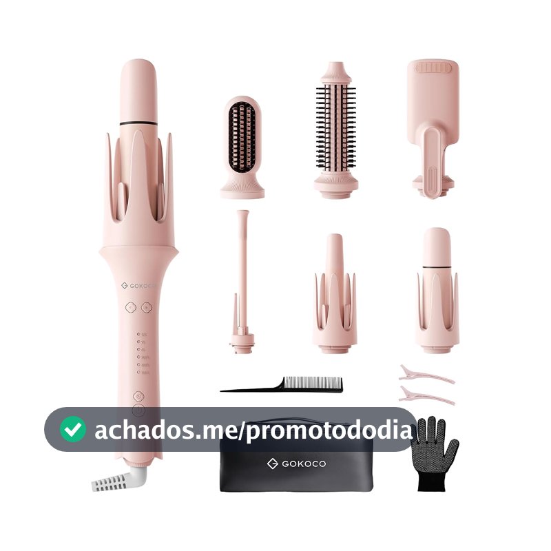 GOKOCO Prancha elétrica alisadora e modeladora de cachos 7 em 1,GD047 Escova Alisadora e Modeladora com Íons Negativos,Kit com 7 Acessórios, Aquecimento Rápido PTC,Temperatura Ajustável, Modelador de Cabelo Profissional,Rosa