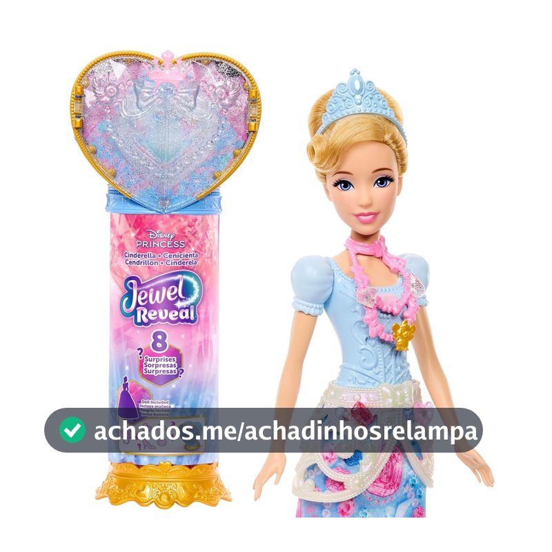Disney Princesa Cinderela Jewel Reveal, Boneca Surpresa Com Joias E Acessórios Mágicos, Kit De Desbloqueio Com Coração Azul E Caixa De Joias