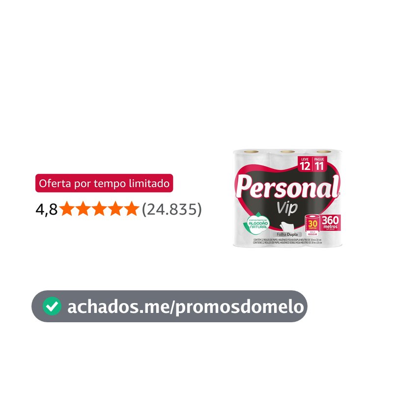 Personal VIP - Papel Higiênico, Folha Dupla, 12 unidades (Embalagem pode variar)