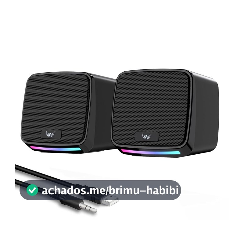 Alto-falantes RGB para PC, alimentação USB, conector de áudio de 3,5 mm, compacto, preto