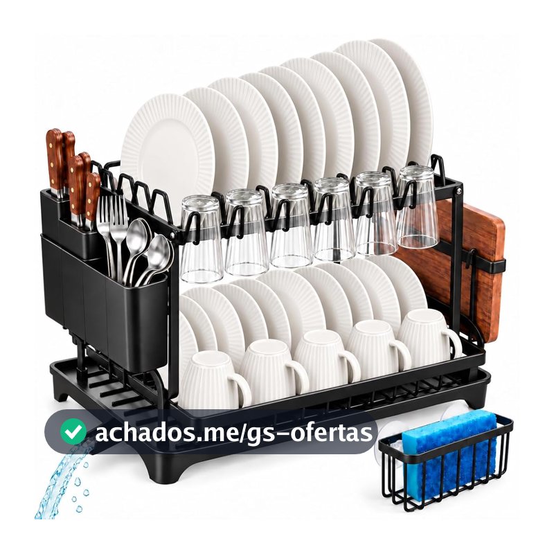 Decolab Escorredor de Louça 2 Andares Aço Inox Porta-Esponja Preto
