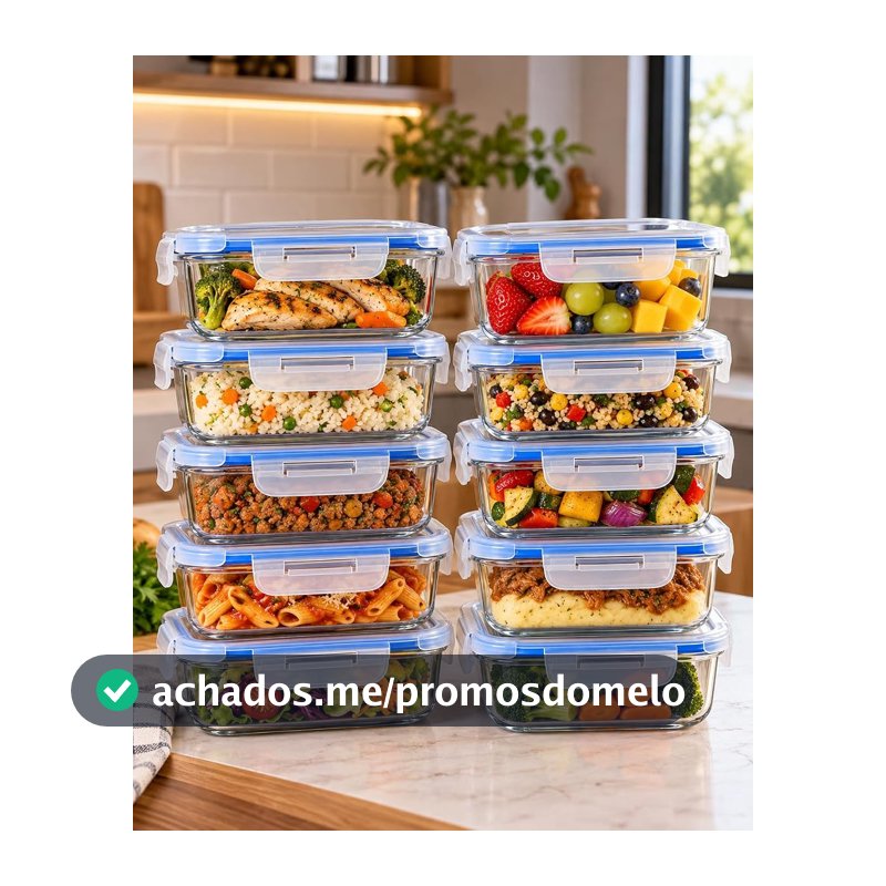 Kit 10 Potes Herméticos de Vidro 640ml com Tampa 4 Travas e Anel de Vedação, Potes para Alimentos, Marmitas, Refeições e Organização de Geladeira