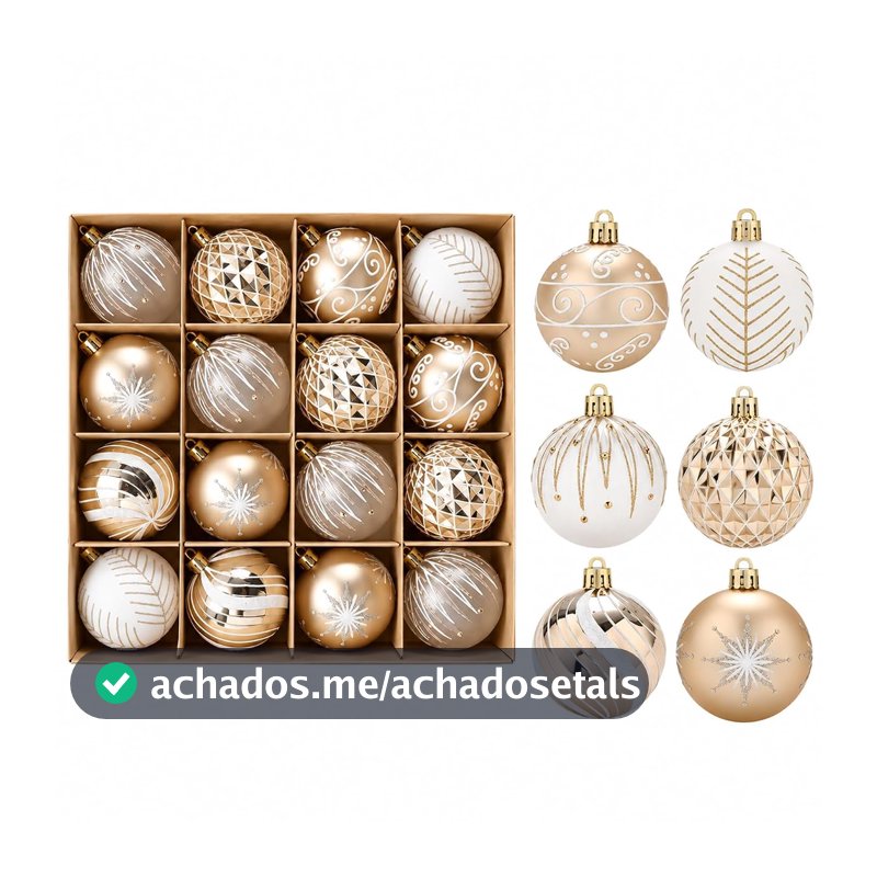 Kit 16 Bolas de Natal Decorativas 6 cm com Glitter e Relevo Enfeites de Natal em Plástico com Acabamento Metálico 4 Temas Para Árvore Guirlanda e Decoração de Mesa