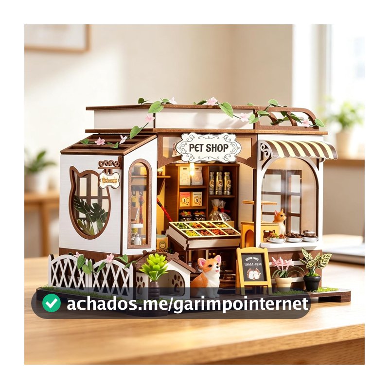 Kit DIY Casa Loja de Pet em Madeira Casinha Miniatura Com Luz LED Brinquedo de Montagem Artesanal (Pet Shop)
