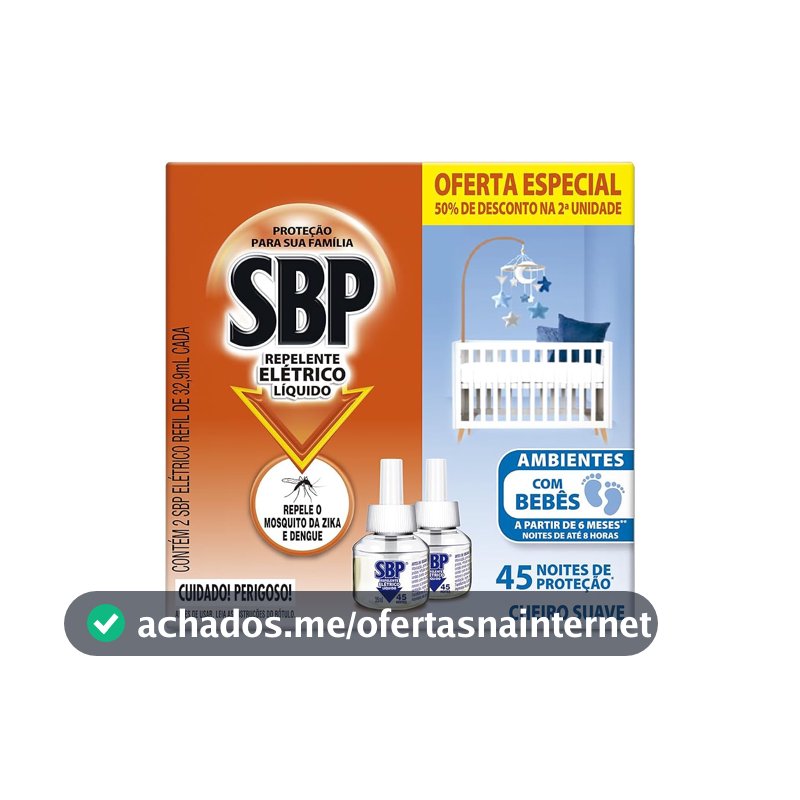Repelente Elétrico Líquido SBP 45 Noites Cheiro Suave com 2 unidades de 32.9ml