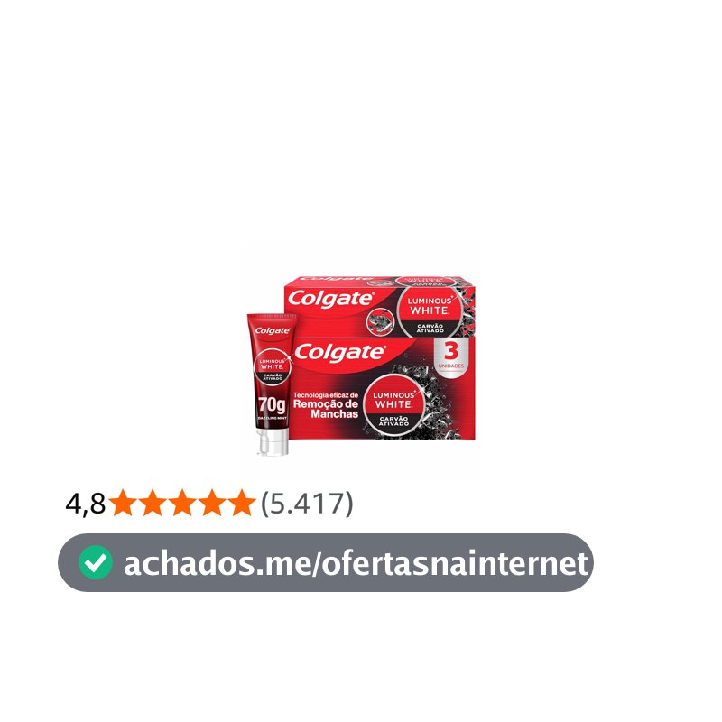Colgate Luminous White Carvão Ativado Creme Dental Clareador, 3x70g