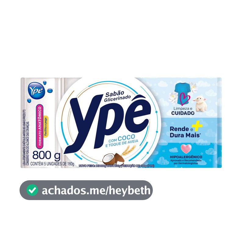 Ypê Sabão em Barra Glicerinado Coco e Toque de Aveia 800g - 5 Unidades de 160g