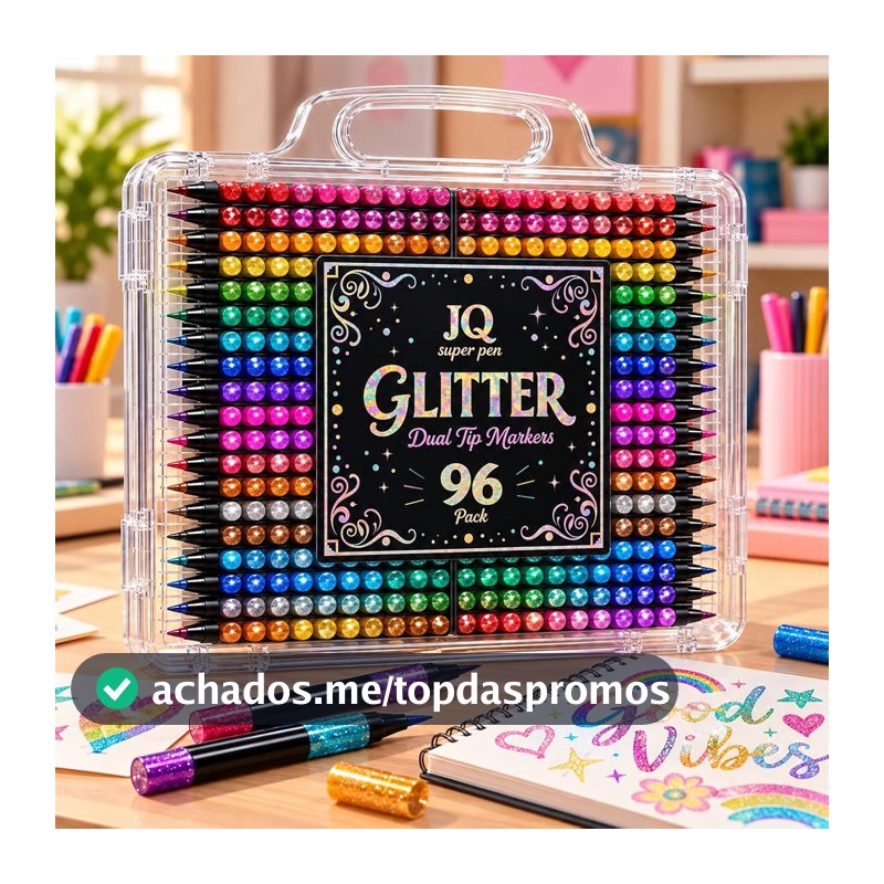 Canetinhas com Glitter 96 Cores – 48 Canetas Ponta Dupla com Maleta Organizadora