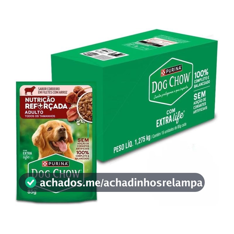 Ração Úmida DOG CHOW® NUTRIÇÃO REFORÇADA para Cães Adultos Sabor Cordeiro em Filetes com Arroz 85g - 15 unidades