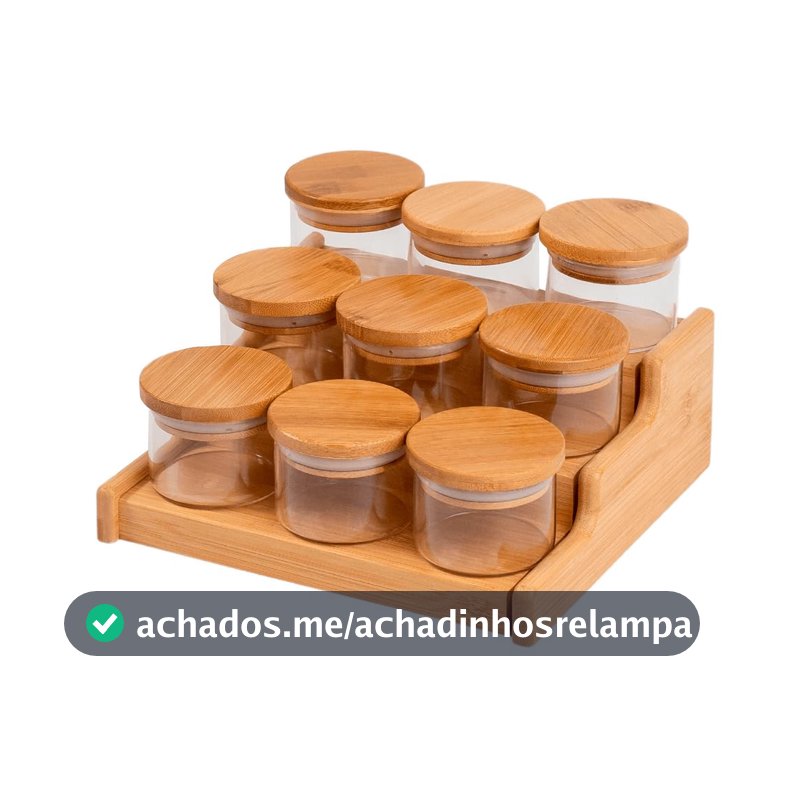 Oikos - Kit 9 Potes de Vidro 110ml com Tampa de Bambu Hermético e Rack Organizador