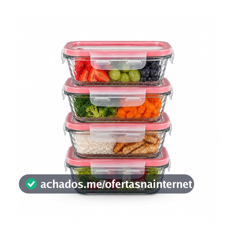 Kit 4 Potes de Vidro Retangular com Tampa Hermética e Vedação de Silicone - Armazenamento Seguro e Versátil de 370ml para Alimentos (Vermelho)