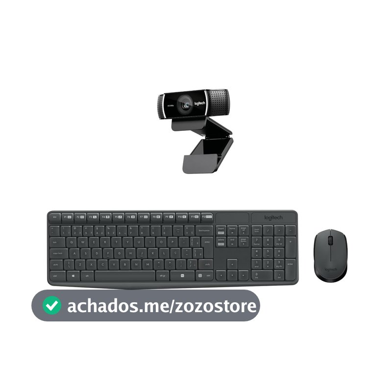 Kit Logitech com Combo Teclado e Mouse Sem Fio MK235 Layout ABNT2 + Webcam Full HD C920s, Microfones Duplos Embutidos e Tampa de Privacidade