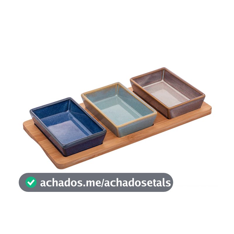 LYOR - Conjunto 3 Petisqueiras de Cerâmica Com Bandeja de Bambu 31 x 14,5 x 3,5Cm