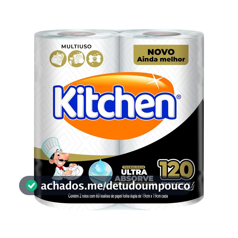 Papel Toalha Kitchen Folha Dupla - Pack com 2 rolos de 60 unidades de 19x22 cm cada