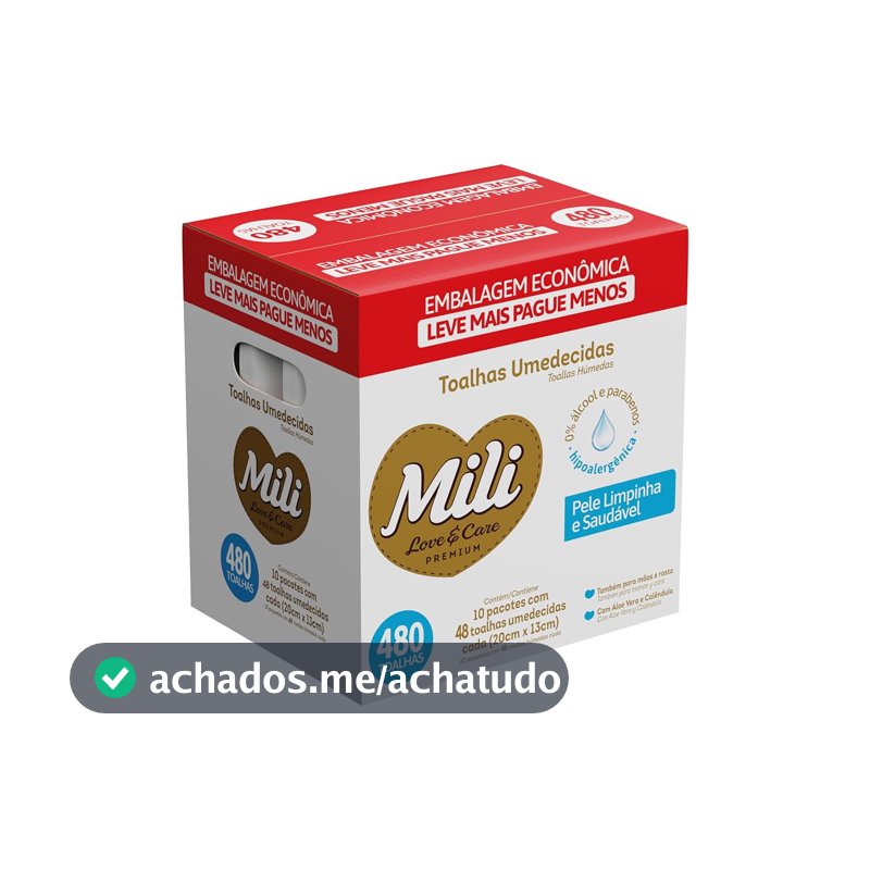 Mili Toalhas Umedecidas Love & Care Premium, Uso Bebê, Aloe Vera e Calêndula, Pack com 10 Pacotes (48 Unidades cada)