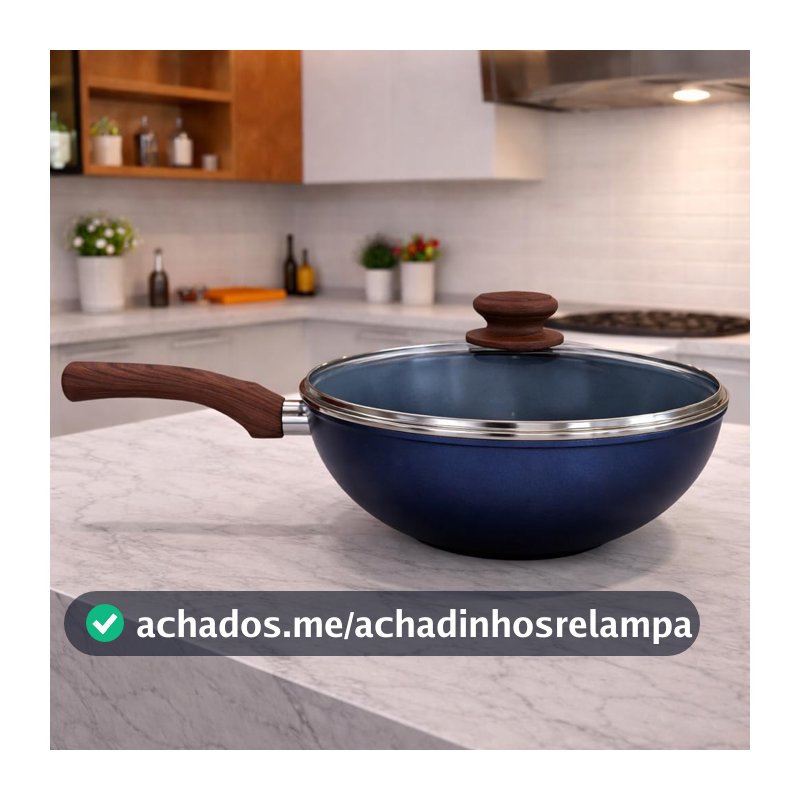 Frigideira Wok Turim com Indução e Revestimento Cerâmico e Tampa de Vidro Funda Antiaderente com Tampa, 28 cm 3.6 Litros, Alumínio 2.3 mm Cabo Baquelite Antitérmico Livre de PFOA (Azul Escuro)