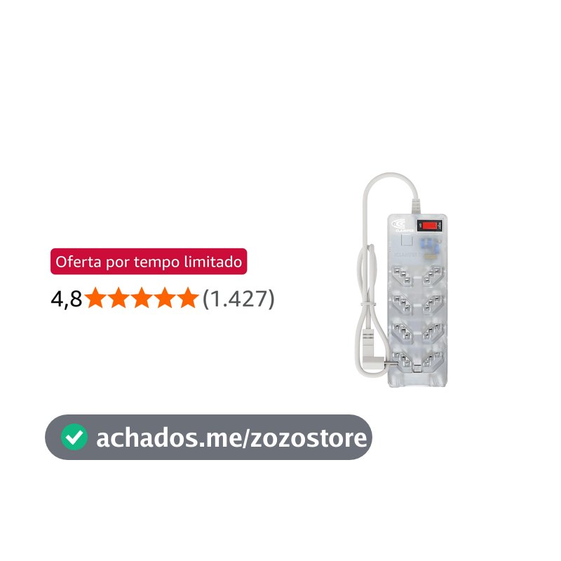 Filtro de Linha iCLAMPER Energia 8 com Proteção contra Surtos Elétricos(DPS) 8 Tomadas, 3 Pinos, 10 Amperes para PC, Notebook, Monitor, Impressora, PS5, Alexa e etc, Bivolt, Cabo de 1m Transparente