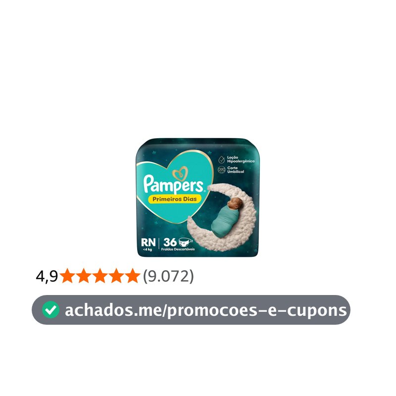 Fralda Pampers Primeiros Dias Tamanho RN (Até 4 kg), 36 Unidades