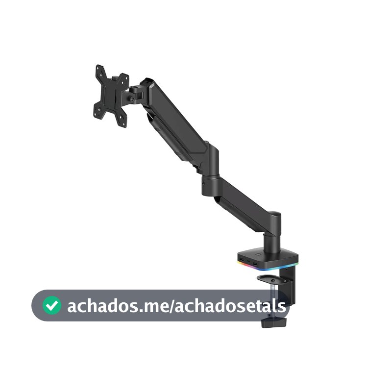 Suporte Articulado Monitor Mesa com RGB e Hub USB, VESA de Engate Rápido, Mola de Tensão Ajustável, Passagem Interna de Cabos — 17–34" / até 9 kg