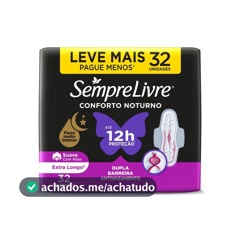 Absorvente Noturno com Abas Sempre Livre, Cobertura Suave, 32 Unidades