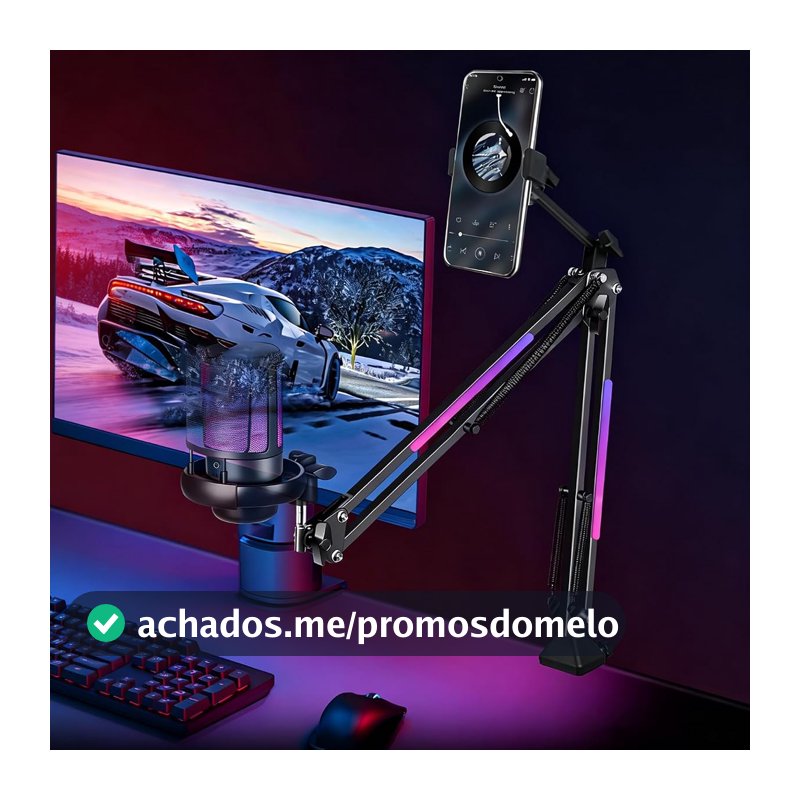 Suporte de Microfone Articulado com Iluminação RGB, Suporte para Celular, Base de Mesa Ajustável até 55mm