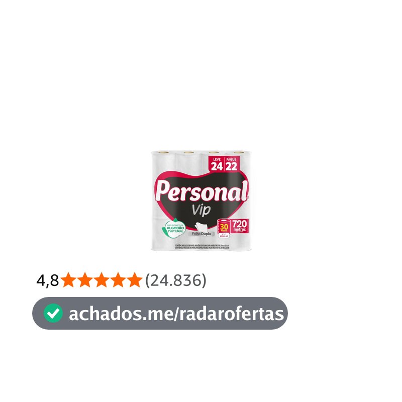 Personal VIP - Papel Higiênico Folha Dupla, Branco 24 unidades (Embalagem pode variar)