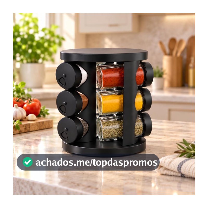 Porta-Temperos Giratório 360° com 9 Potes de Vidro 85 ml e Tampas Dosadoras