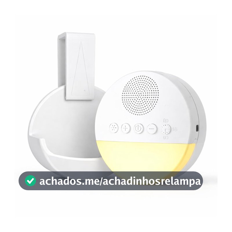 Aparelho de Som Ruído Branco para Bebê com 20 Sons Relaxantes Acompanha Suporte Para Encaixar no Berço, Luz Noturna Suave, Timer 15 30 60 Minutos e Contínuo, USB Recarregável, Ideal para Ninar, Sono Profundo e Acalmar Choro